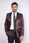 2 Düğmeli Slim Fit Saten Kahverengi Erkek Damatlık Takım - Wessi-1