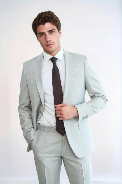 İki Parça Slim Fit Tek Düğmeli Açık Gri Erkek Takım Elbise - Wessi