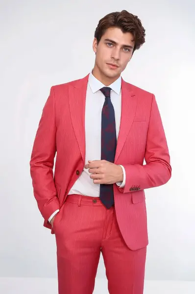 İki Parça Slim Fit Tek Düğmeli Mercan Kırmızısı Erkek Takım Elbise - Wessi