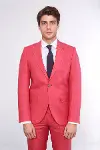 İki Parça Slim Fit Tek Düğmeli Mercan Kırmızısı Erkek Takım Elbise - Wessi-2