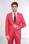 İki Parça Slim Fit Tek Düğmeli Mercan Kırmızısı Erkek Takım Elbise - Wessi-5
