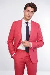 İki Parça Slim Fit Tek Düğmeli Mercan Kırmızısı Erkek Takım Elbise - Wessi-1