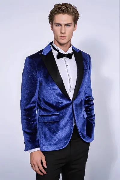 Simli Slim Fit Kadife İndigo Mavi Erkek Smokin Ceket - Wessi