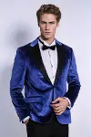 Simli Slim Fit Kadife İndigo Mavi Erkek Smokin Ceket - Wessi-4