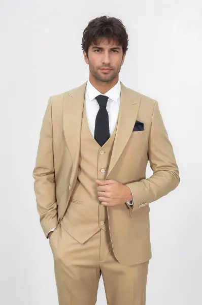 Desensiz Slim Fit Kum Rengi Erkek Takım Elbise - Wessi