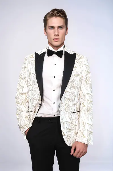 Slim Fit Simli Beyaz Erkek Smokin Ceket - Wessi