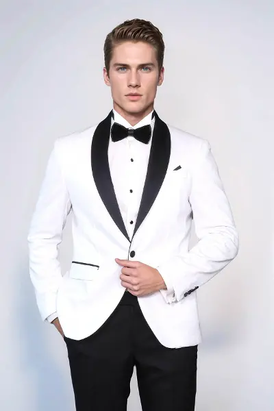Beyaz Şal Yaka Simli Slim Fit Smokin Ceket - Wessi