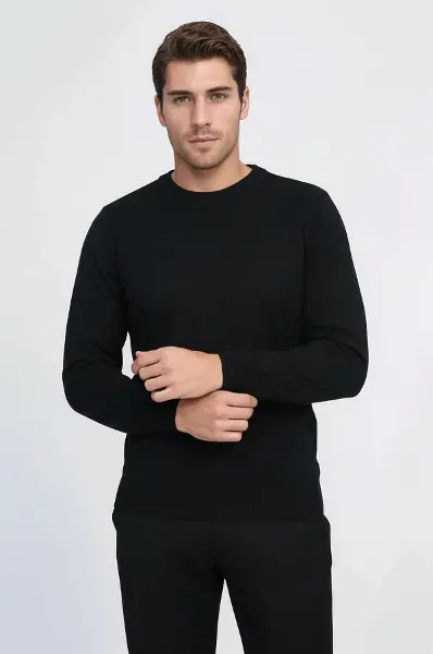 Bisiklet Yaka Uzun Kollu Slim Fit Siyah Erkek Triko - Wessi