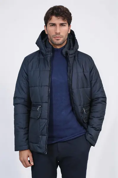 Slim Fit Kapüşonlu Lacivert Erkek Şişme Mont - Wessi
