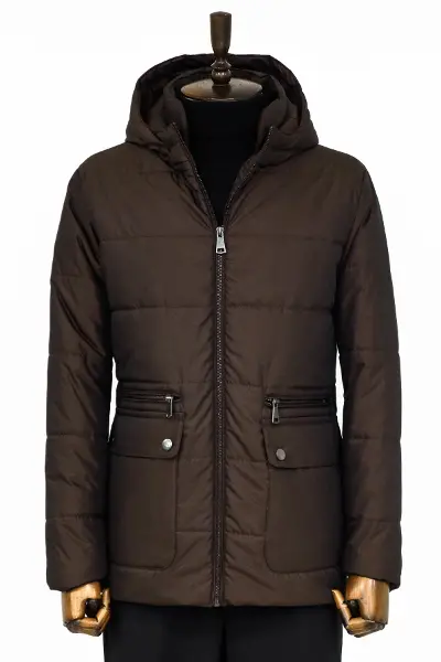 Slim Fit Kapüşonlu Kahverengi Erkek Şişme Mont - Wessi