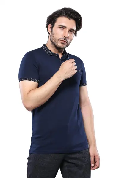 Yaka Desenli Kısa Kollu Lacivert Polo T-Shirt - Wessi