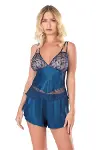 Petrol Mavisi Saten Babydoll Şort Takımı-1