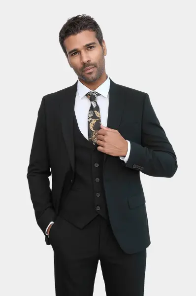 Tek Düğmeli Slim Fit Siyah Yelekli Erkek Takım Elbise - Wessi