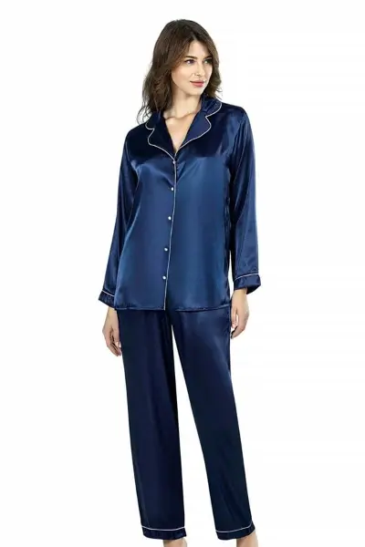 Lacivert İkili Saten Gecelik Pijama Takımı 7647