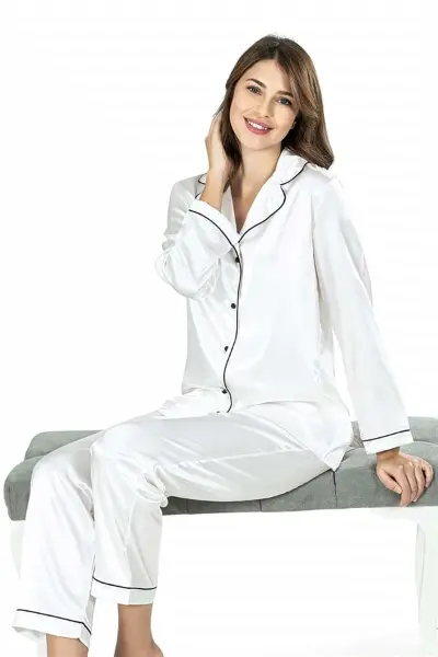 Ekru İkili Saten Gecelik Pijama Takımı 7647