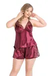 Büyük Beden Bordo Saten Babydoll Şort TakımI-1