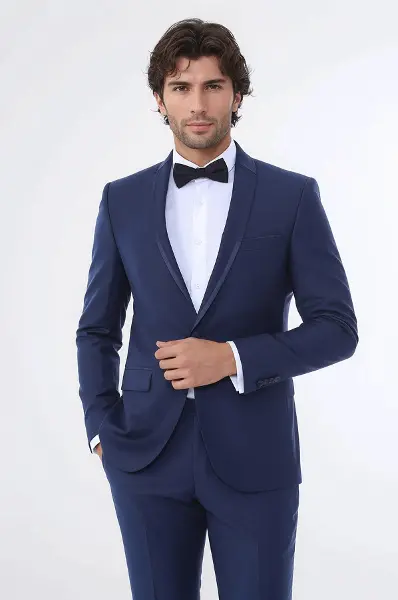 Yaka Pileli İndigo Slim Fit Damatlık Takım Elbise | Wessi