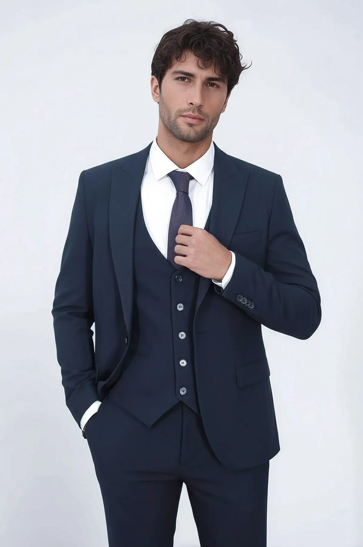 Tek Düğmeli Slim Fit Lacivert Yelekli Erkek Takım Elbise - Wessi Tek Düğmeli Slim Fit Lacivert Yelekli Erkek Takım Elbise - Wessi