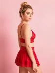 Closet Kırmızı Dantel İşlemeli Kurdelalı Büstiyer Etek Takımı-2