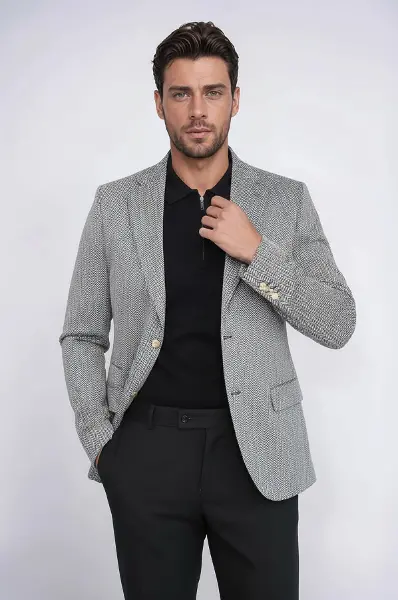 Siyah Balıksırtı Desenli Gold Renk Metal Düğmeli Slim Fit Erkek Blazer Ceket - Wessi