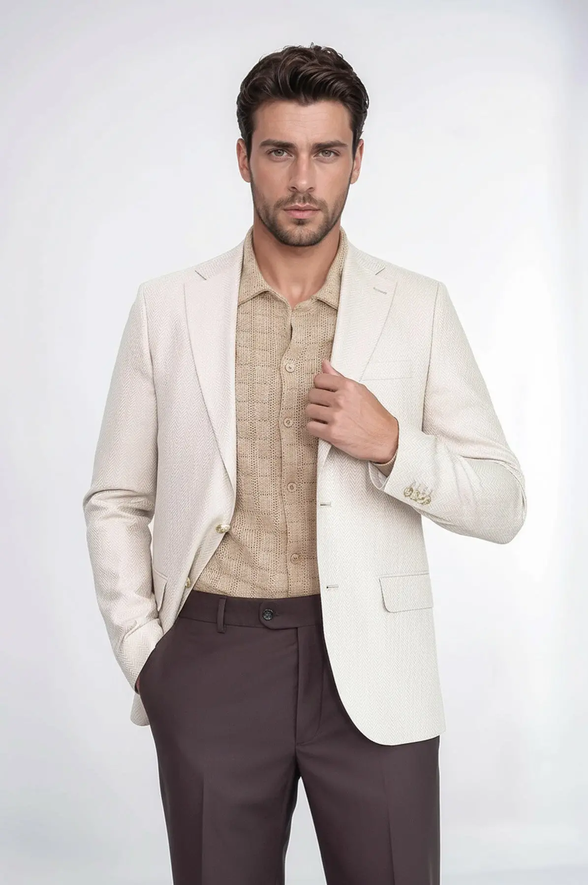 Bej Balıksırtı Desenli Gold Renk Metal Düğmeli Slim Fit Erkek Blazer Ceket - Wessi