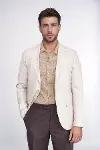 Bej Balıksırtı Desenli Gold Renk Metal Düğmeli Slim Fit Erkek Blazer Ceket - Wessi-3