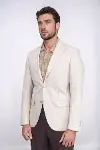 Bej Balıksırtı Desenli Gold Renk Metal Düğmeli Slim Fit Erkek Blazer Ceket - Wessi-5