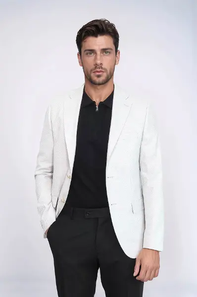 Açık Gri Balıksırtı Desenli Gold Renk Metal Düğmeli Slim Fit Erkek Blazer Ceket - Wessi