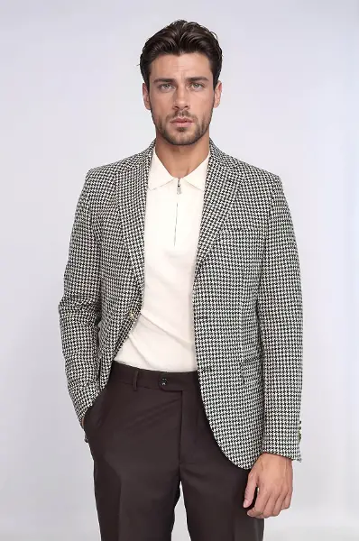 Siyah & Krem Kazayağı Desenli Gold Renk Metal  Düğmeli Slim Fit Erkek Blazer Ceket - Wessi