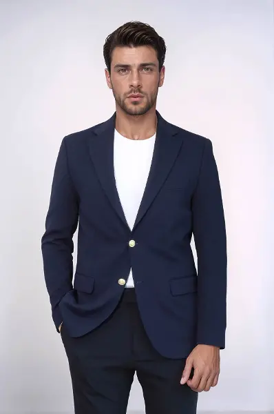 Lacivert Kendinden Desenli Örme Altın Renk Metal Düğmeli Slim Fit Erkek Blazer Ceket - Wessi