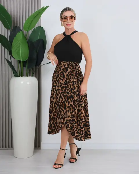 Kadın önden Bağlamalı Leopar Desenli Süprem Uzun Etek