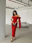 Kadın Omuz Dekolte Kurdele Detay Uzun Krep Elbise-1
