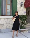 Kadın Kısa Kollu V Yaka Cepli A Kesim Detaylı Viskon Elbise-2