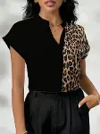Kadın Kısa Kollu V Hakim Yakalı Leopar Desenli Sandy Bluza-2