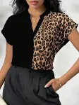 Kadın Kısa Kollu V Hakim Yakalı Leopar Desenli Sandy Bluza-1