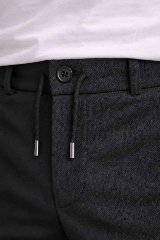 Erkek Diagonel Mikro Dokulu Duble Paça Cepli Pantolon Bağcıklı Bel, Modern Kesim - Siyah
