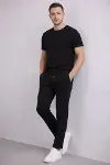 Erkek Diagonel Mikro Dokulu Duble Paça Cepli Pantolon Bağcıklı Bel, Modern Kesim - Siyah-2