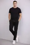 Erkek Diagonel Mikro Dokulu Duble Paça Cepli Pantolon Bağcıklı Bel, Modern Kesim - Siyah-4