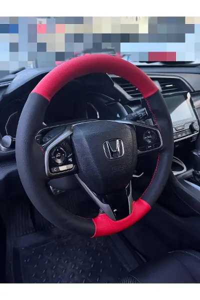 DİKİŞLİ DİREKSİYON KILIFI KIRMIZI / SİYAH DERİ KIRMIZI DİKİŞLİ HONDA CİVİC 2017-2025 ARASI İÇİN