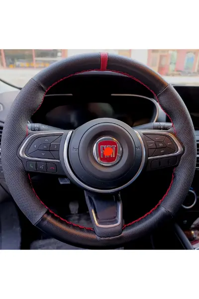 DİKİŞLİ DİREKSİYON KILIFI MİNİKARE KARBON / NOKTALI DERİ KIRMIZI YÜZÜK / DİKİŞLİ FIAT EGEA İÇİN