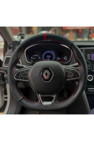 DİKİŞLİ DİREKSİYON KILIFI NOKTALI / KARBON DERİ KIRMIZI YÜZÜK KIRMIZI DİKİŞ MEGANE 4 İÇİN