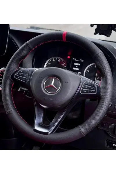 DİKİŞLİ DİREKSİYON KILIFI SİYAH / NOKTA DERİ KIRMIZI YÜZÜK KIRMIZI DİKİŞLİ MERCEDES VİTO İÇİN