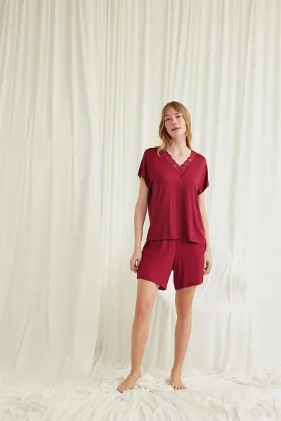 Closet Kısa Kollu Dantelli V Yaka Şort Pijama Takımı