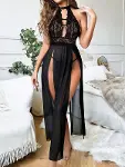 Closet Siyah Uzun Derin Dekolteli Dantel Gecelik-1