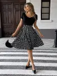 Kadın Kısa Kollu V Yakalı üst Viskon Alt Puantiyeli Kısa örme Krep Elbise-3