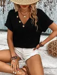 Kadın Kısa Kollu V Yakalı Düğmeli Triko Bluz-4