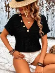 Kadın Kısa Kollu V Yakalı Düğmeli Triko Bluz-1
