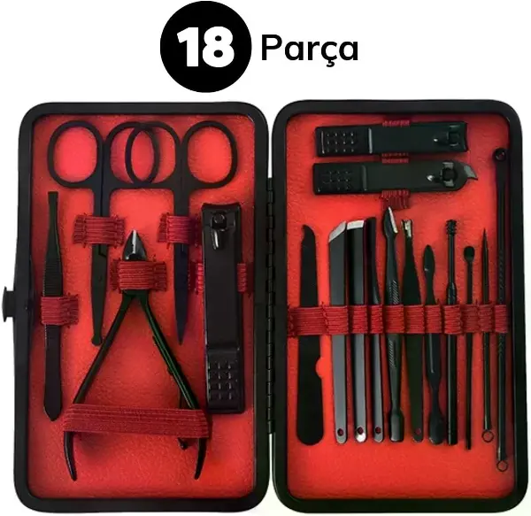 18 Parça Manikür Pedikür Set Kutusu Çelik Deri Çantalı Bakım Seti (4745)