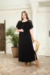 Closet Büyük Beden Viskon Şık Tasarım Omuzları Dantel İşlemeli Siyah Uzun Anne Elbise-2