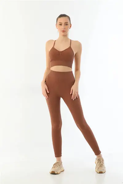 Kahve MI Emay 3921 Soft Seamless Ripli Tayt Yoga Takımı
